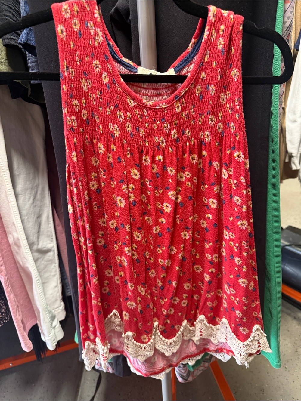 Rewind Red Floral Smocked Tank with Lace Hem